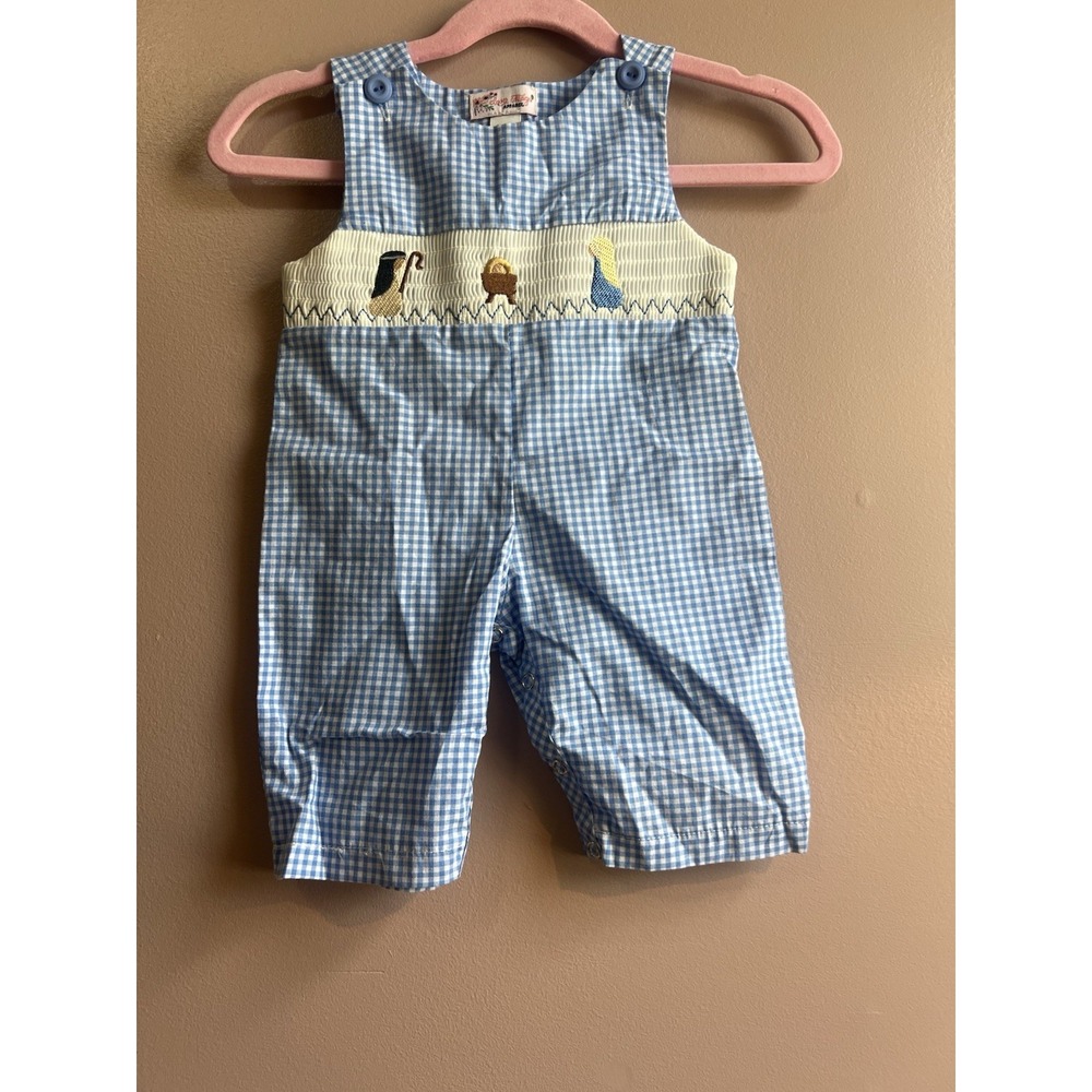 Smocked Nativity Scene Blue Gingham Long-all Jonjon Baby Toddler Size 0-6 Months